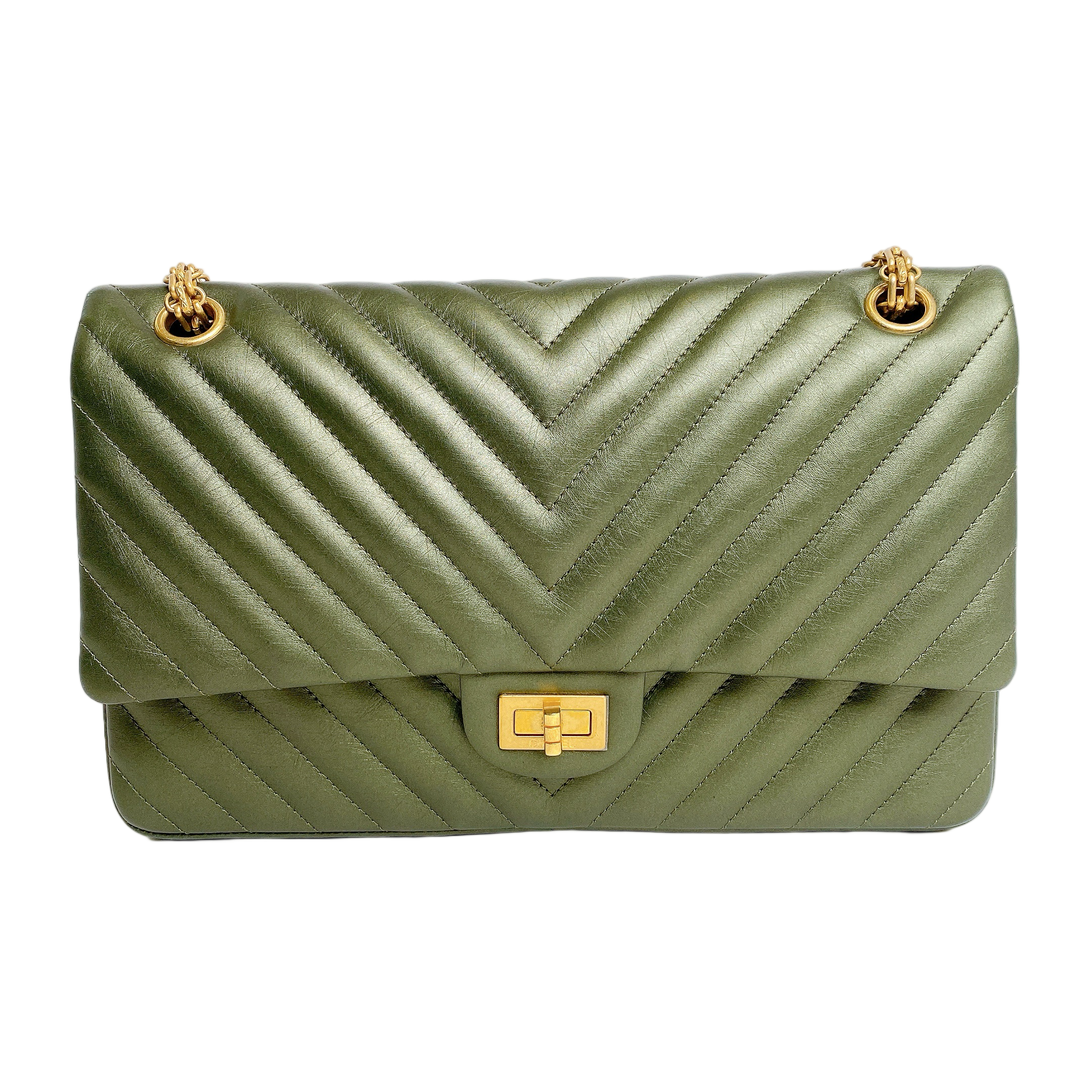 Chanel Chevron Medium Classic Double Flap Bag In Dark Green