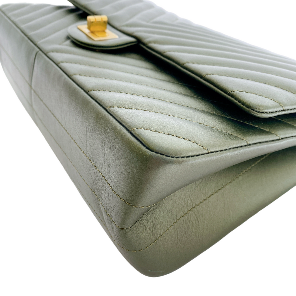Chanel Chevron Medium Classic Double Flap Bag In Dark Green