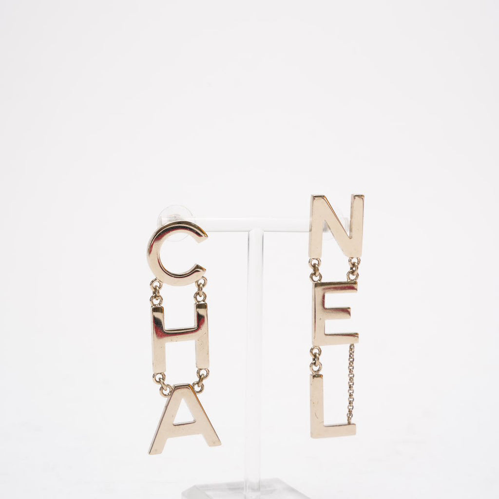 Chanel Gold Metal 'CHA' 'NEL' Logo Letter Drop Earrings