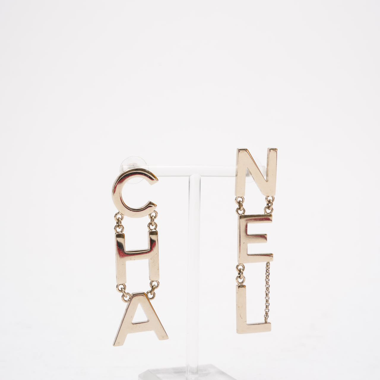 Chanel Gold Metal 'CHA' 'NEL' Logo Letter Drop Earrings