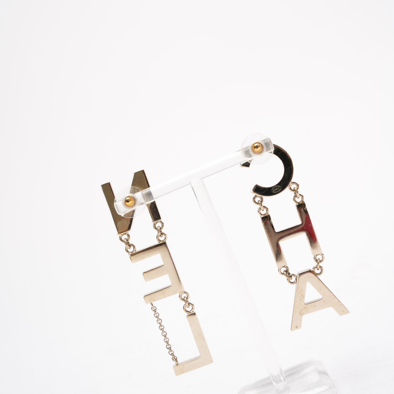 Chanel Gold Metal 'CHA' 'NEL' Logo Letter Drop Earrings