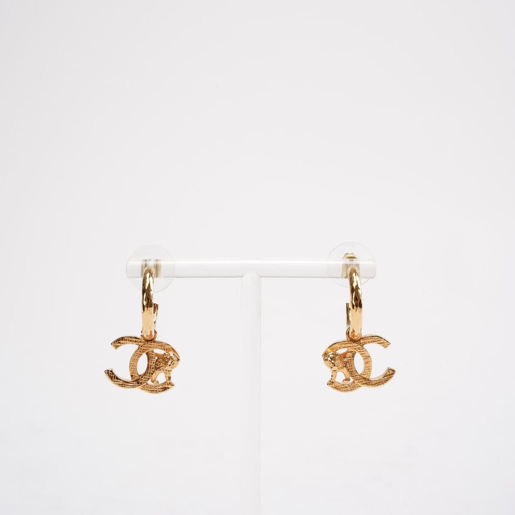 Chanel Gold Tone Metal CC Mark Lion Hoop Earring