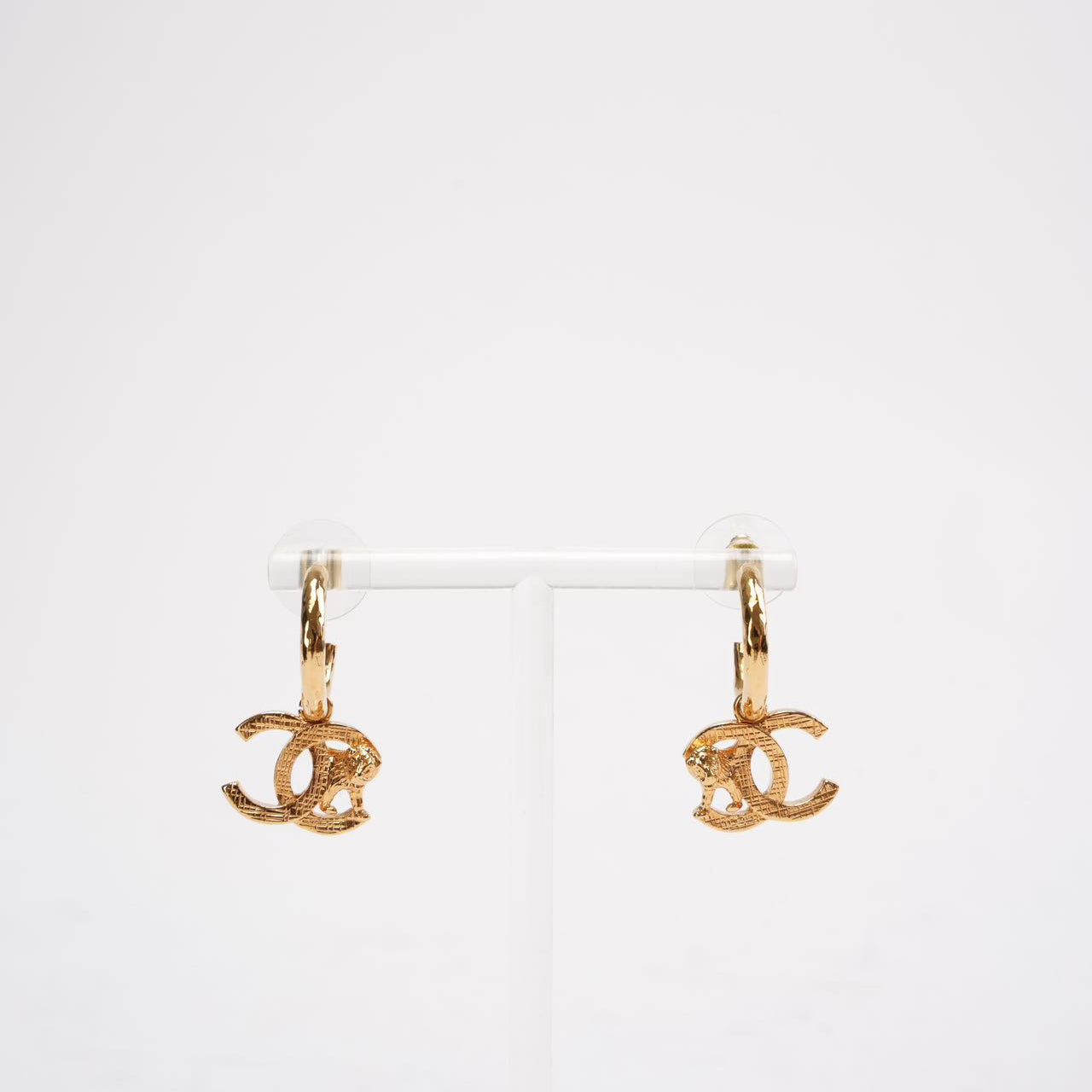 Chanel Gold Tone Metal CC Mark Lion Hoop Earring