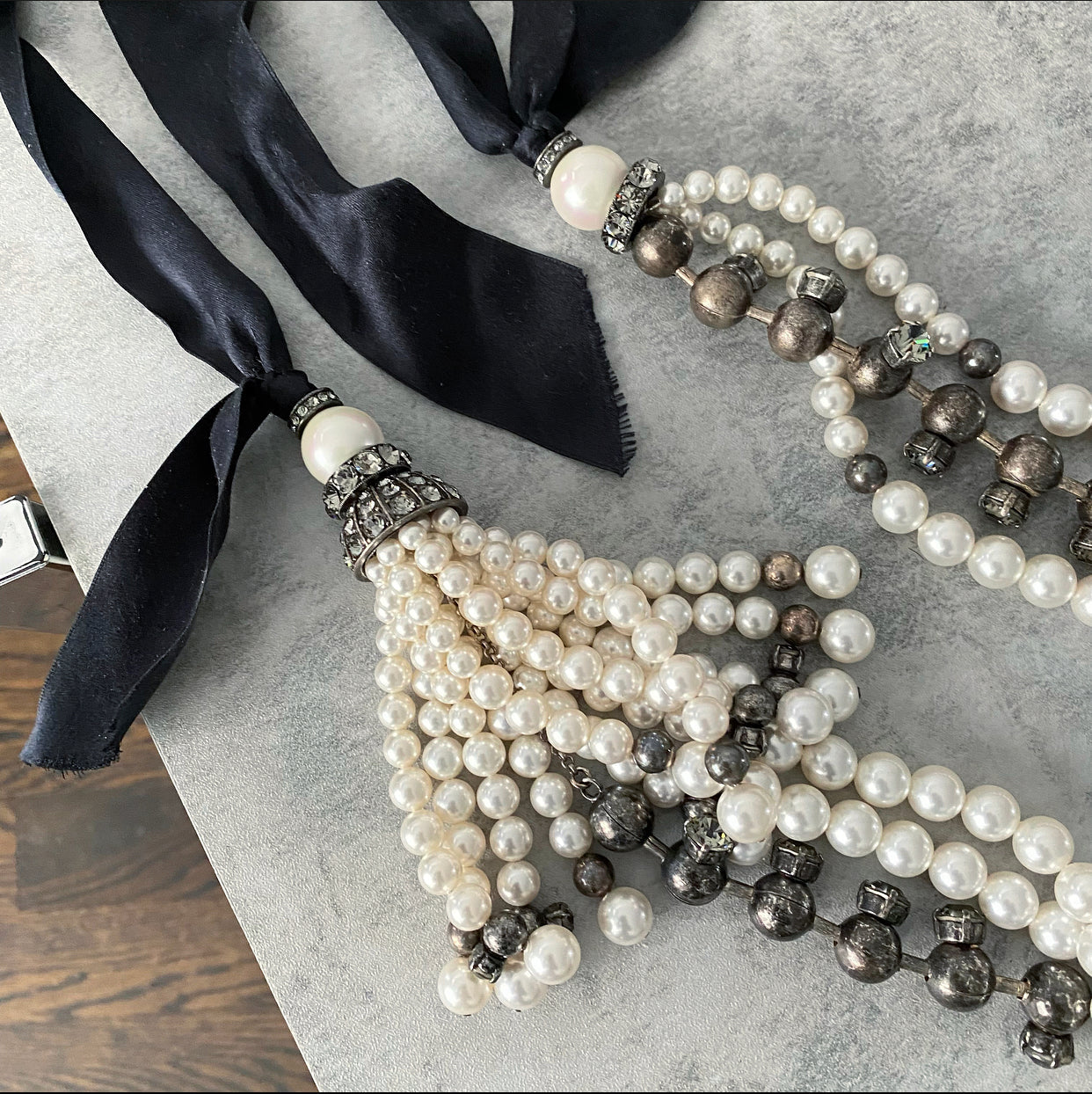 Lanvin Long Triple Strand Fringe Faux Pearl Ribbon Necklace