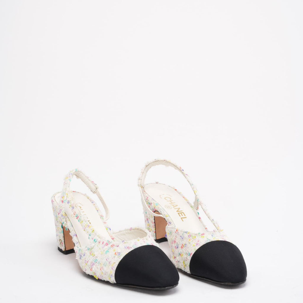 Chanel Multicolor Tweed CC Logo Slingback Pumps Size 38 ½