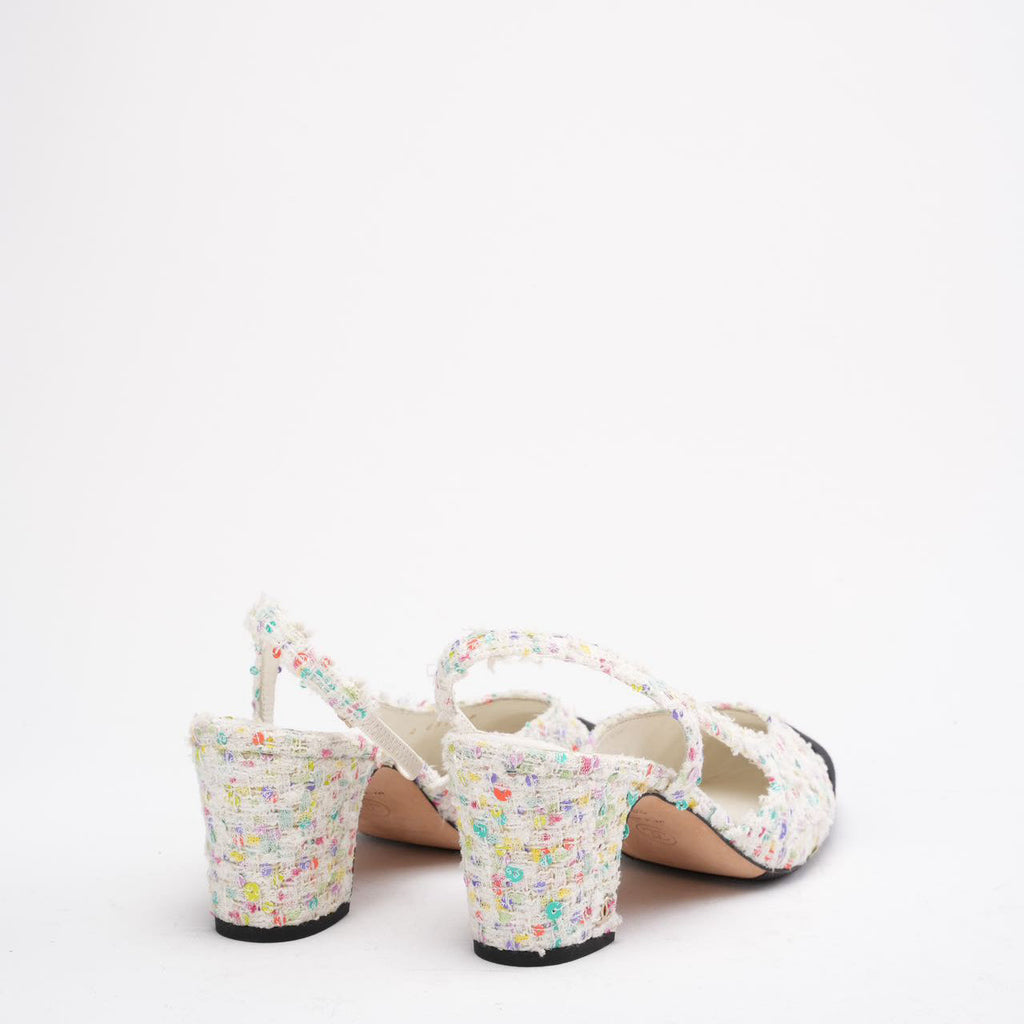 Chanel Multicolor Tweed CC Logo Slingback Pumps Size 38 ½