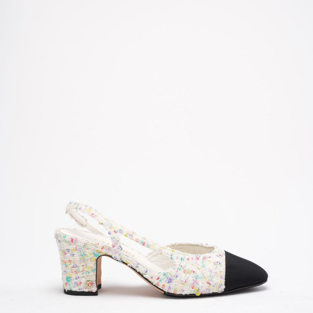 Chanel Multicolor Tweed CC Logo Slingback Pumps Size 38 ½