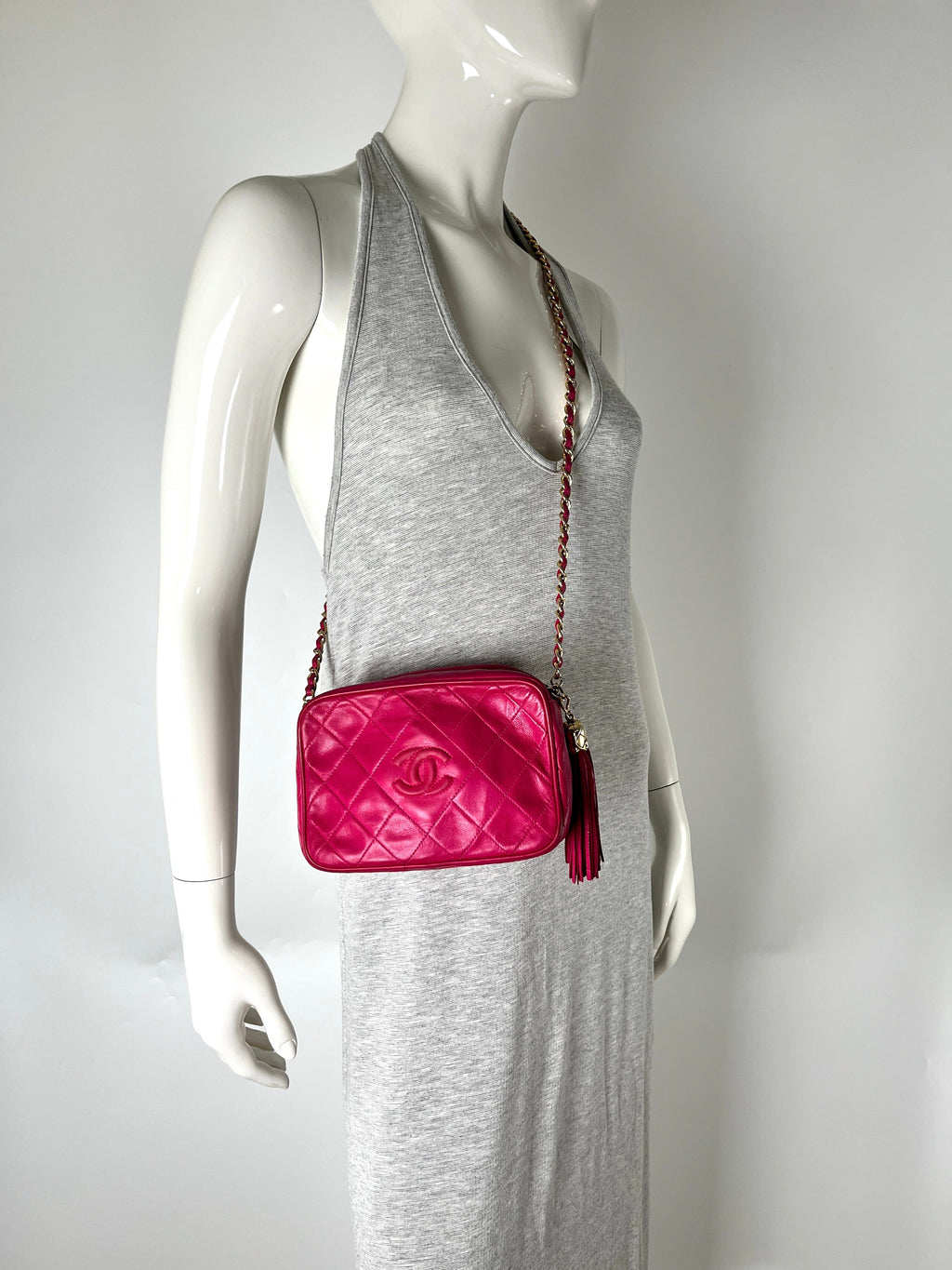 CHANEL Vintage Tassel Pink Leather Quilted Crossbody Camera Case Bag