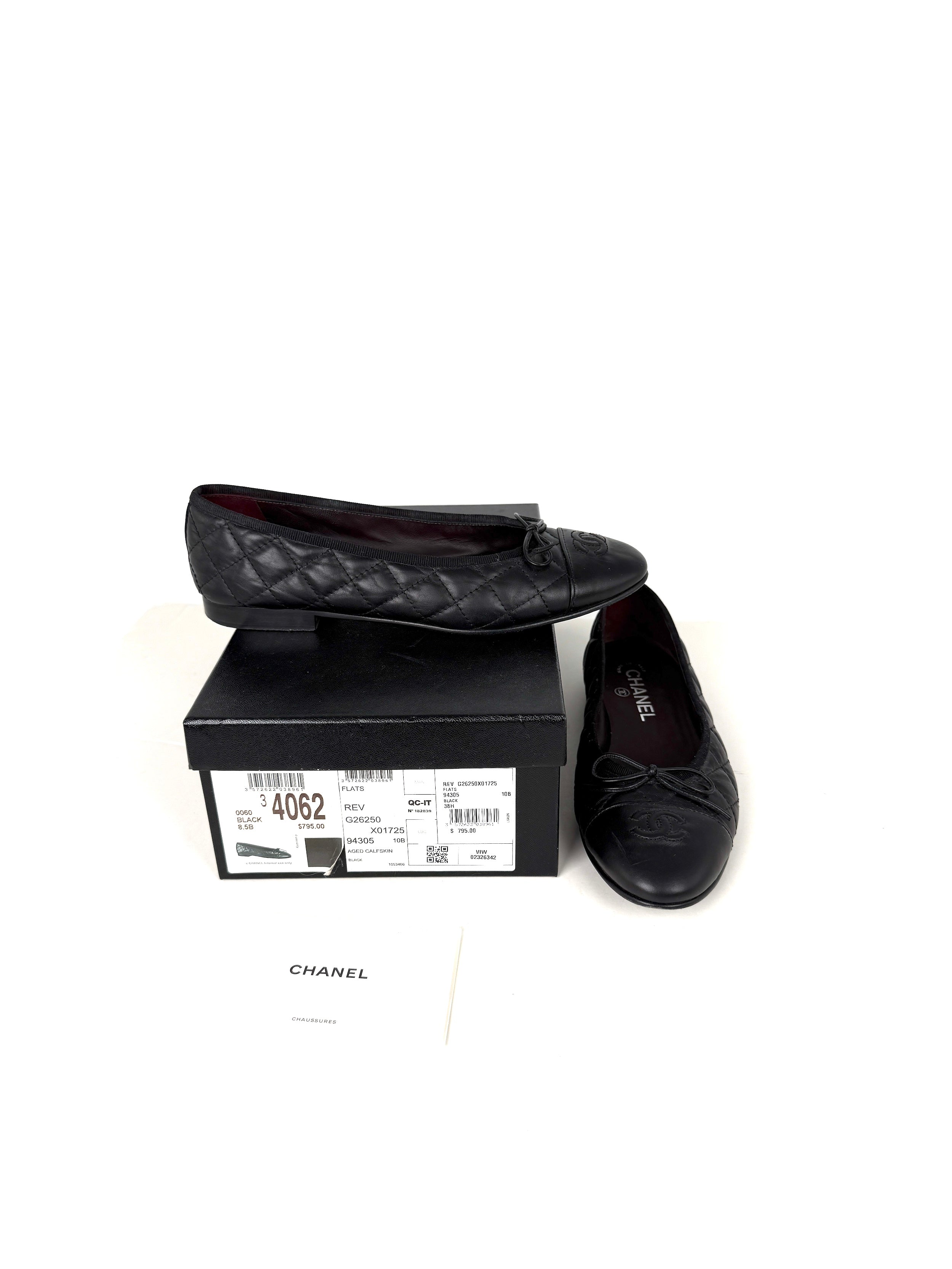 CHANEL Cap Toe Classic Black CC Logo Flats 38.5 8