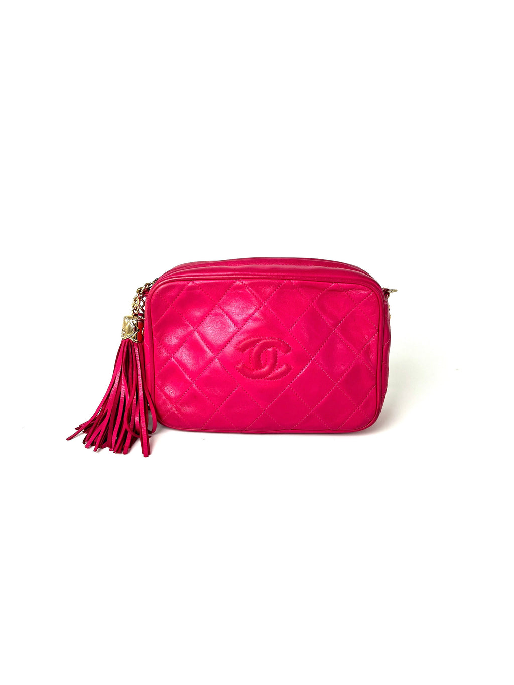 CHANEL Vintage Tassel Pink Leather Quilted Crossbody Camera Case Bag