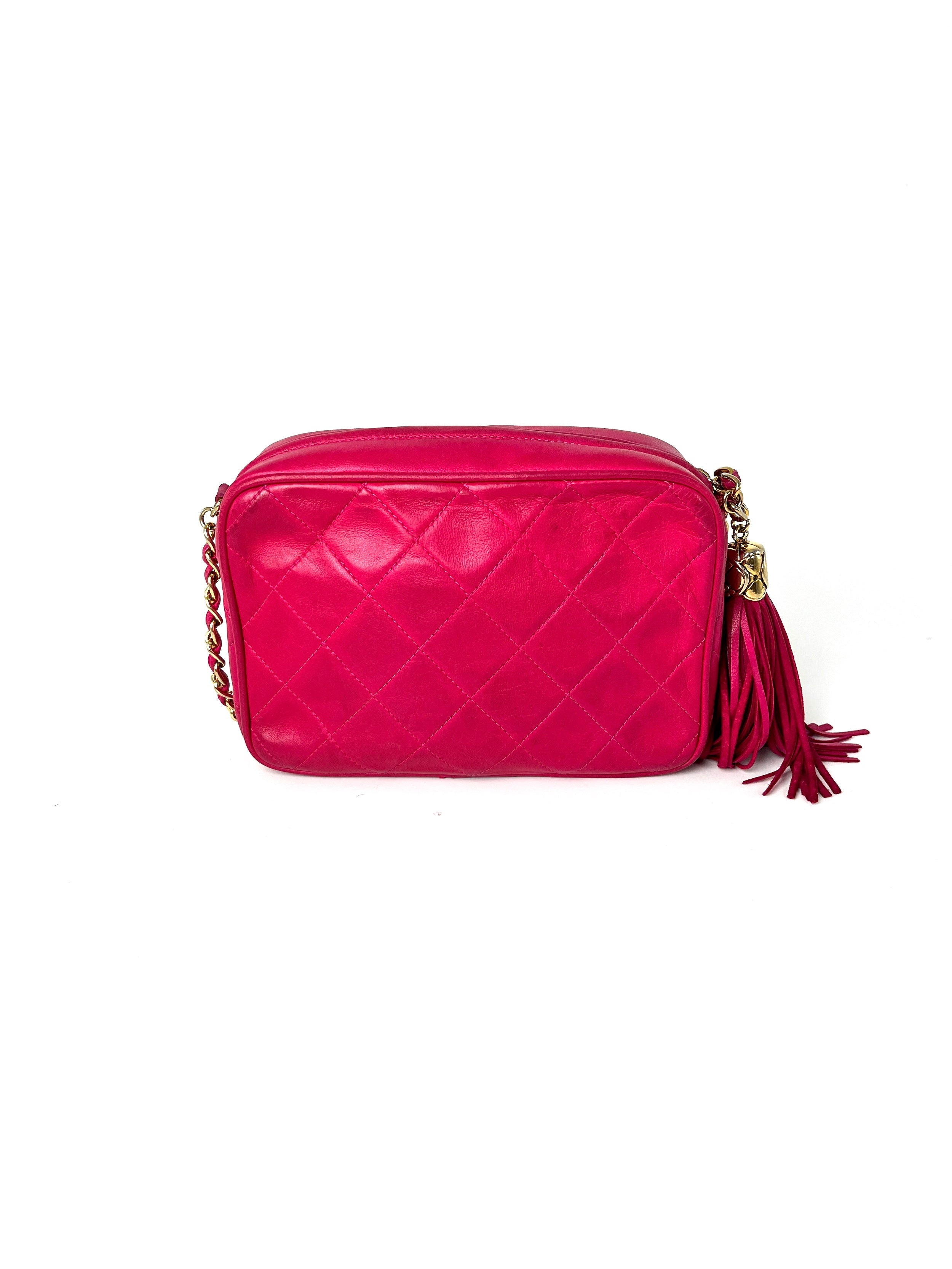 CHANEL Vintage Tassel Pink Leather Quilted Crossbody Camera Case Bag