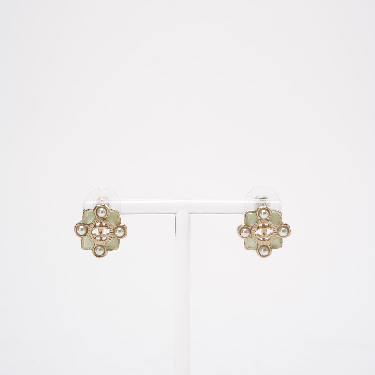 Chanel Gold CC Resin and Faux Pearl Push Back Earrings