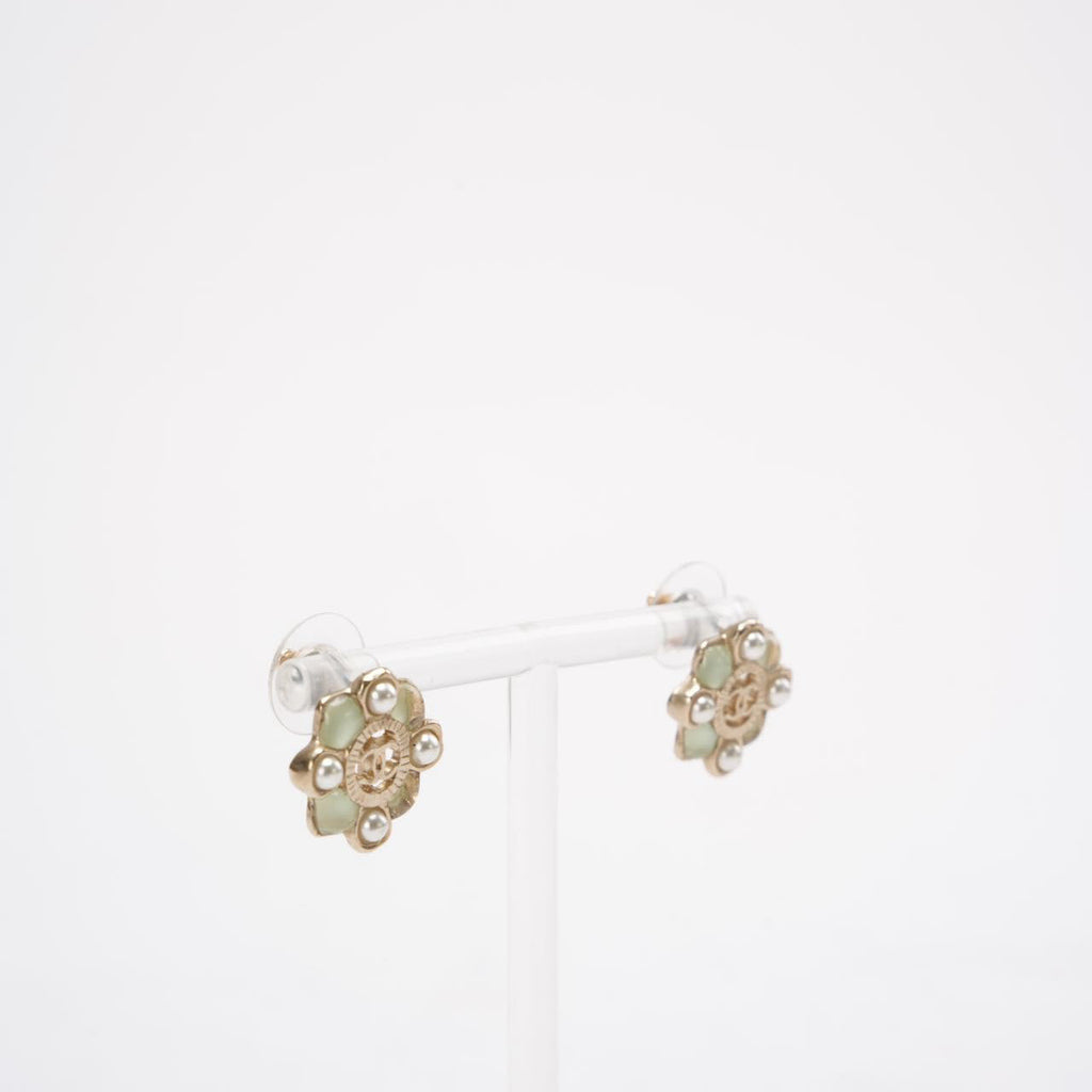 Chanel Gold CC Resin and Faux Pearl Push Back Earrings