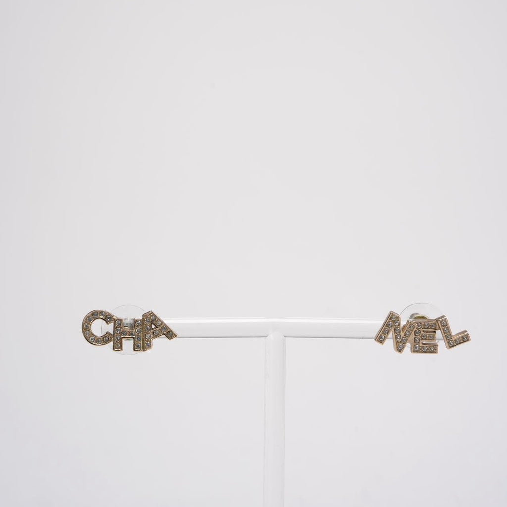 Chanel Gold Metal And Crystal Logo Letter Stud Earrings