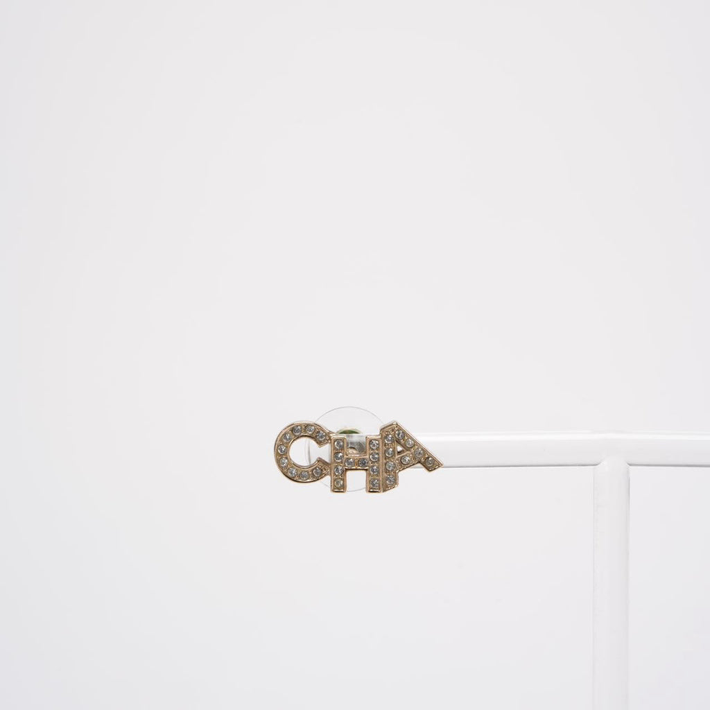 Chanel Gold Metal And Crystal Logo Letter Stud Earrings