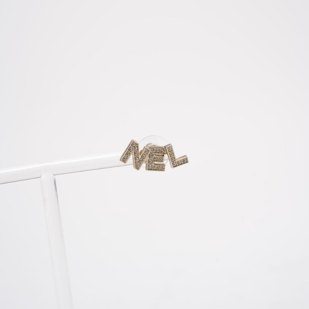 Chanel Gold Metal And Crystal Logo Letter Stud Earrings
