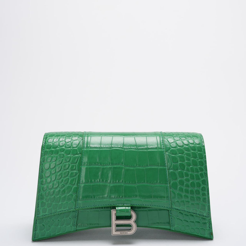Balenciaga Shiny Calfskin Crocodile Embossed Small Hourglass Sling Shoulder Bag Leaf Green