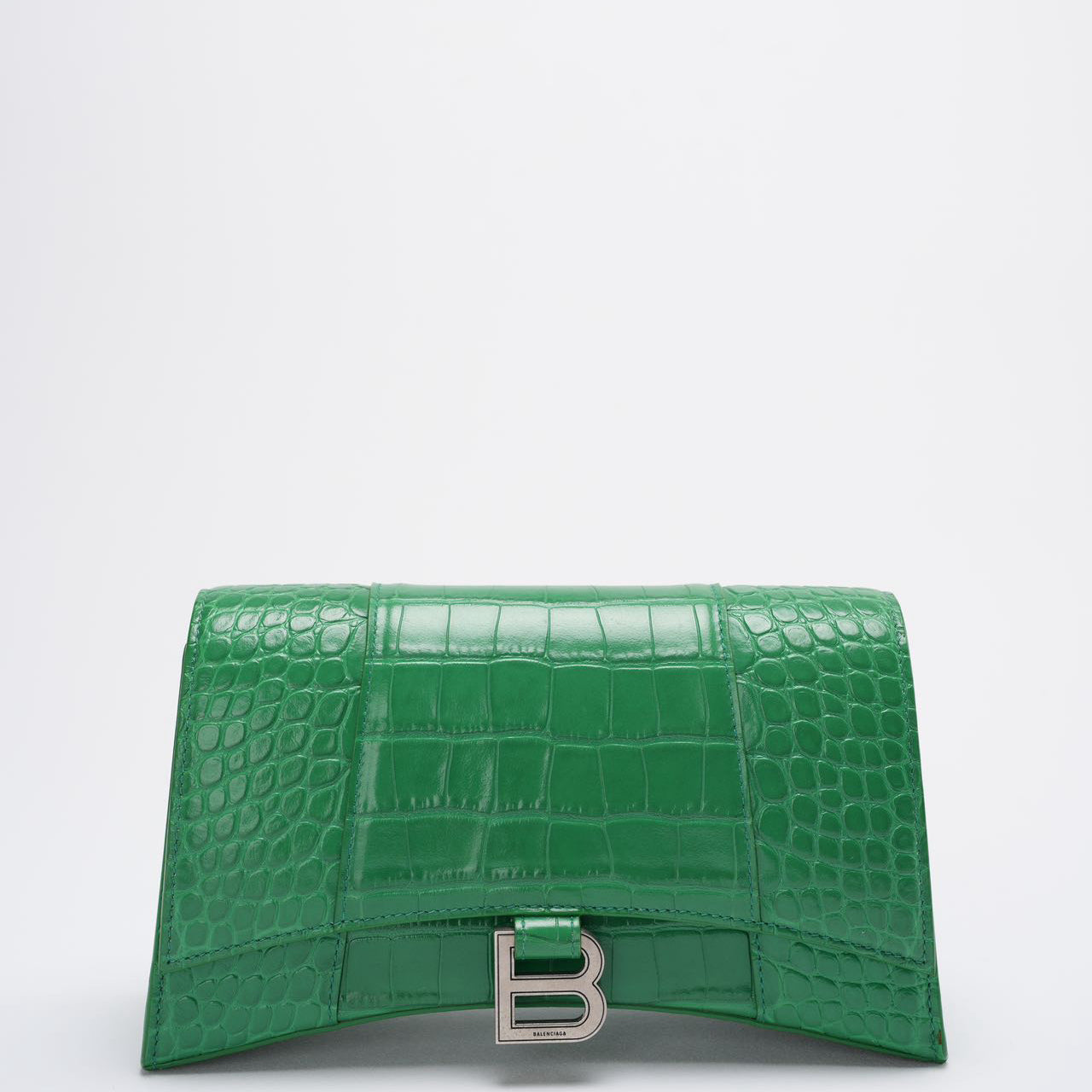 Balenciaga Shiny Calfskin Crocodile Embossed Small Hourglass Sling Shoulder Bag Leaf Green