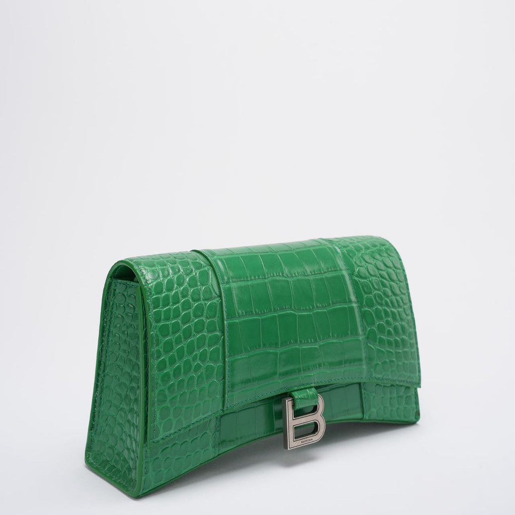 Balenciaga Shiny Calfskin Crocodile Embossed Small Hourglass Sling Shoulder Bag Leaf Green