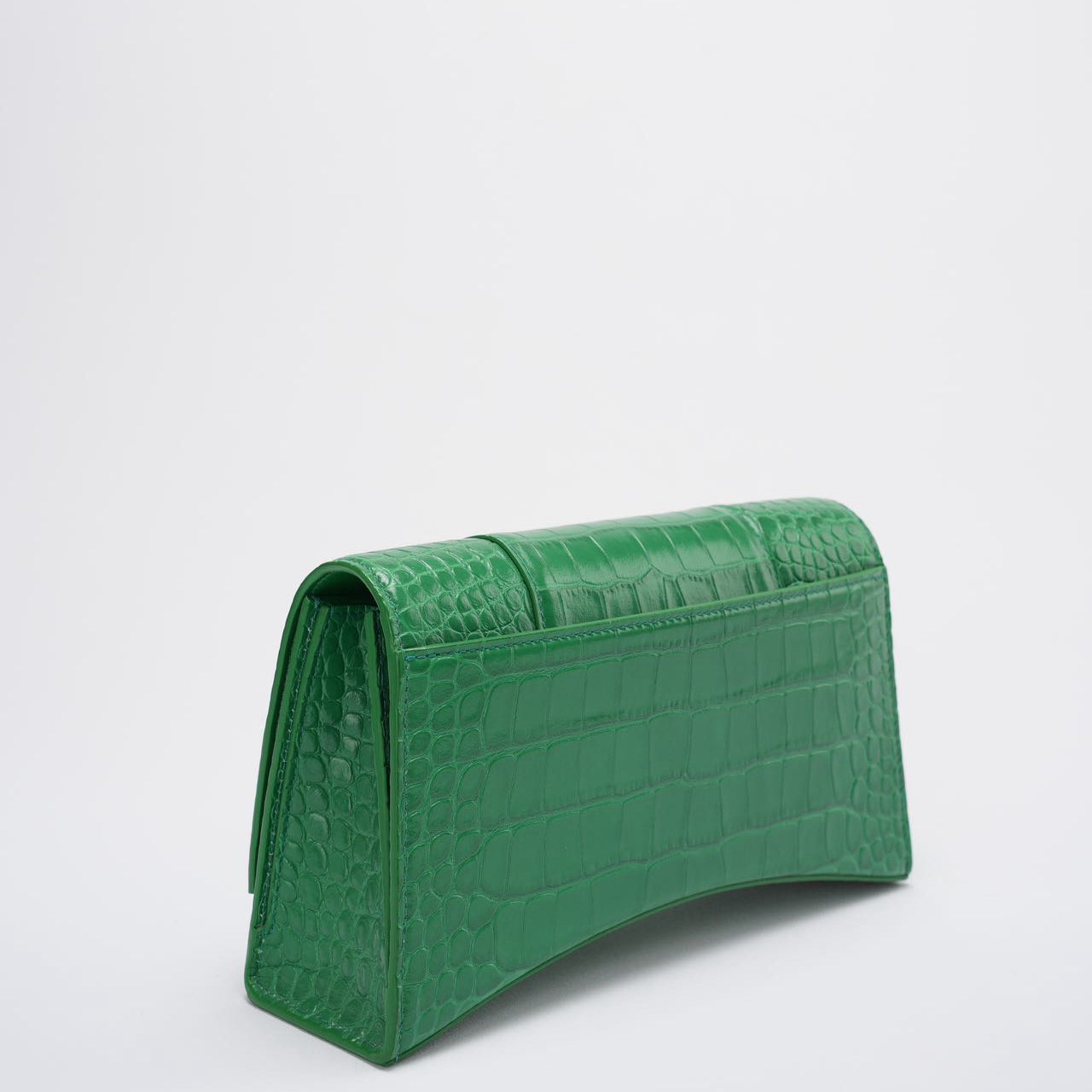 Balenciaga Shiny Calfskin Crocodile Embossed Small Hourglass Sling Shoulder Bag Leaf Green