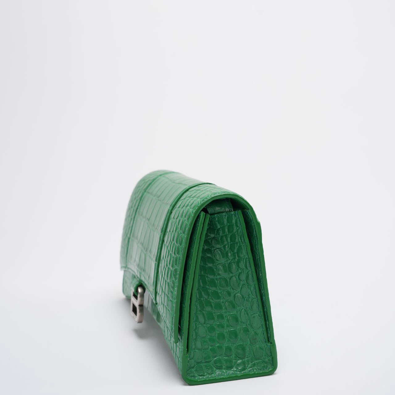 Balenciaga Shiny Calfskin Crocodile Embossed Small Hourglass Sling Shoulder Bag Leaf Green