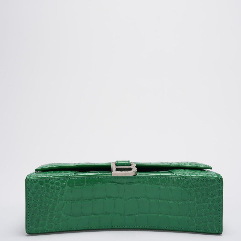 Balenciaga Shiny Calfskin Crocodile Embossed Small Hourglass Sling Shoulder Bag Leaf Green