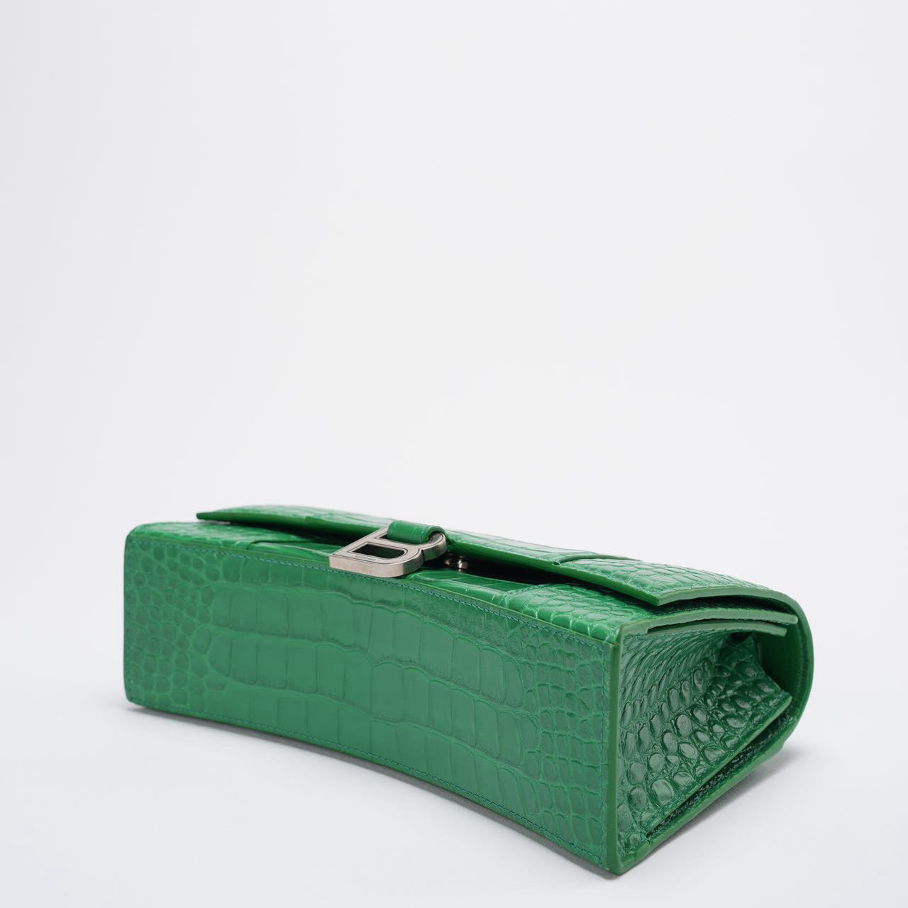 Balenciaga Shiny Calfskin Crocodile Embossed Small Hourglass Sling Shoulder Bag Leaf Green