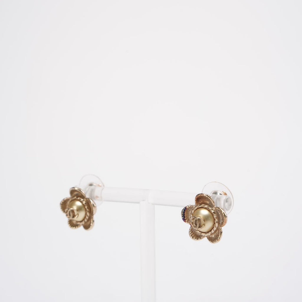 Chanel Pearl CC Flower Earrings Gold