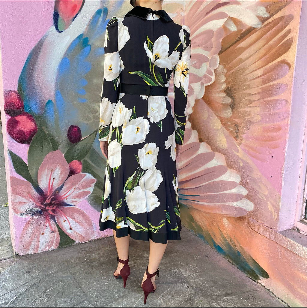 Dolce & Gabbana Black White Floral Midi Dress with Velvet Collar - IT38 / USA 2
