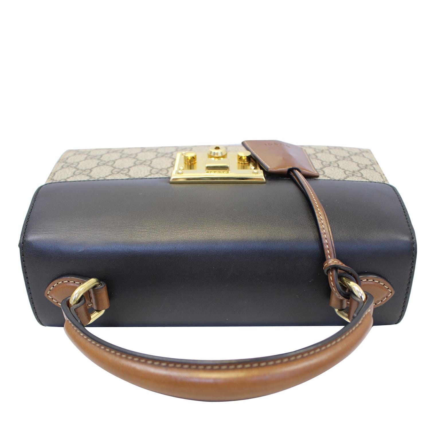 GUCCI Small Padlock GG Supreme Monogram Top Handle Crossbody Bag Beige