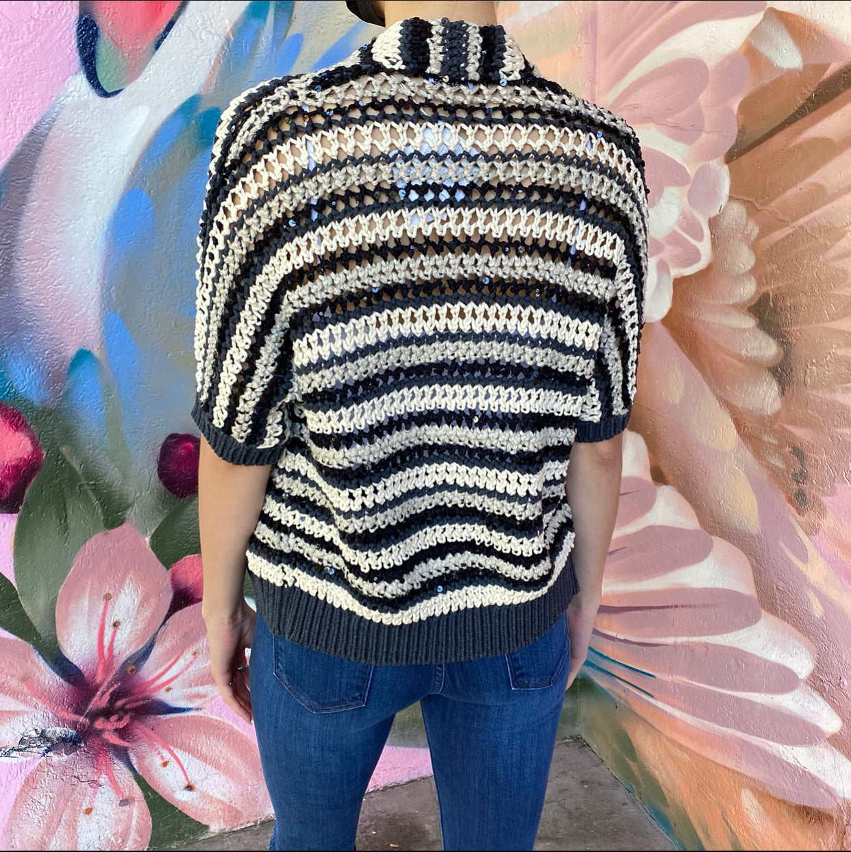 Brunello Cucinelli short sleeve Sequin Knit Stripe igan - XXS