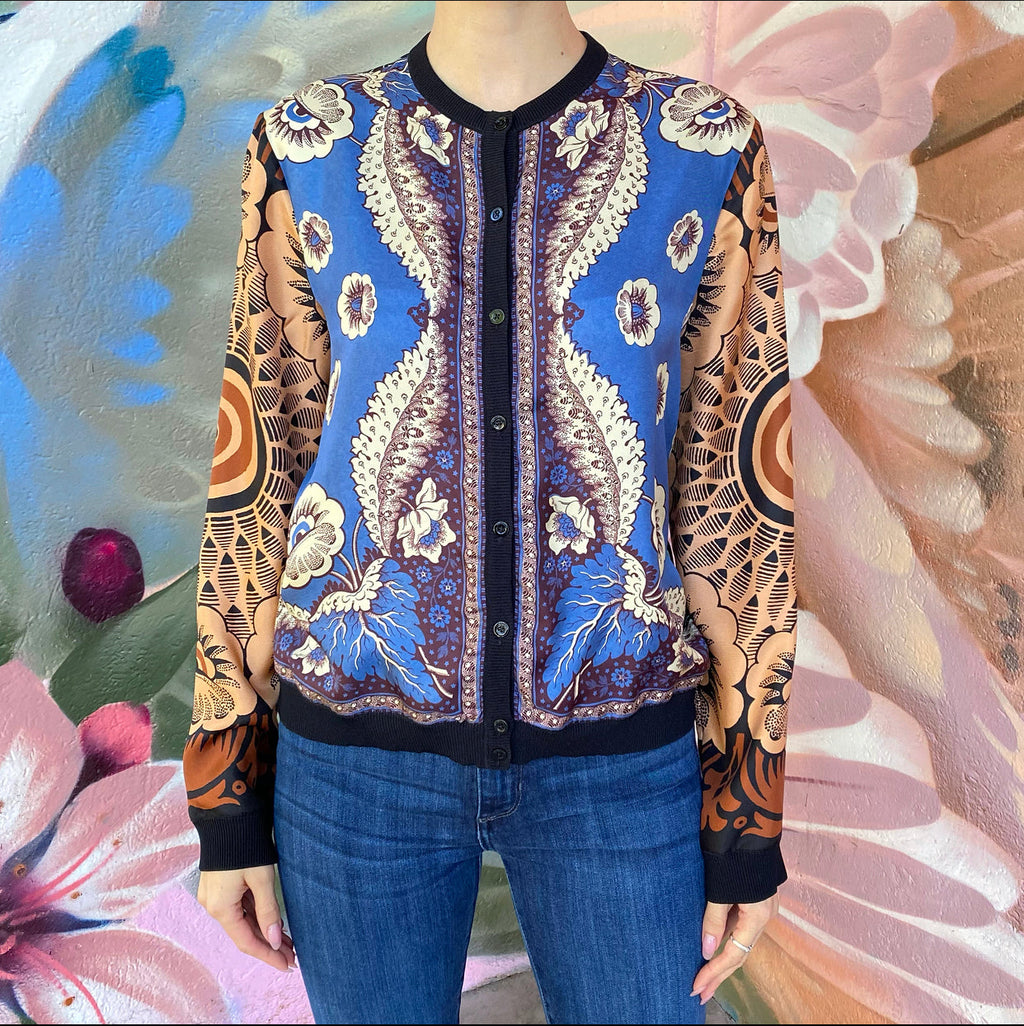 Valentino Blue and Caramel Silk Pattern igan Sweater - USA 8