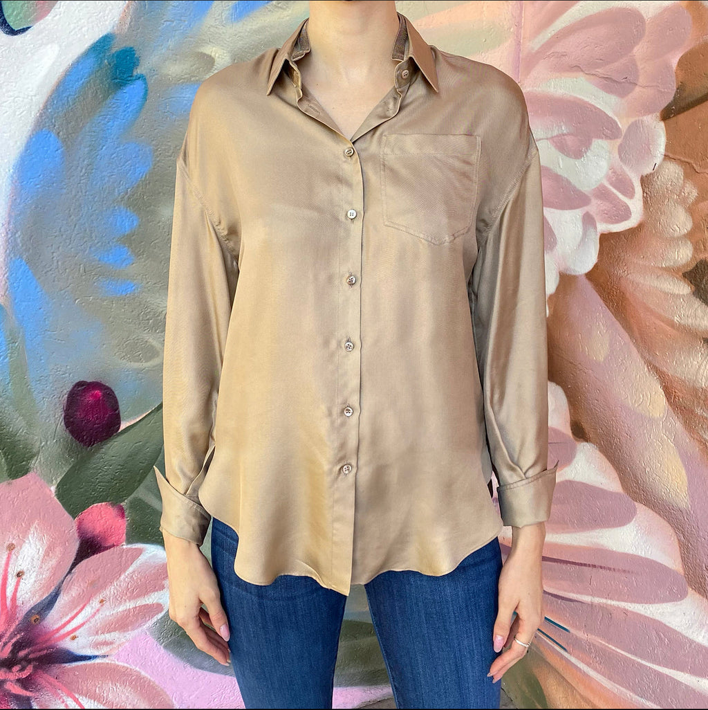 Brunello Cucinelli Light Brown Silk Monili Collar Shirt - XS