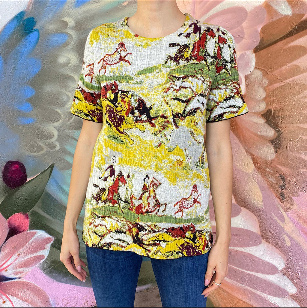 Dior Textured Knit Short Sleeve Hunting Scene Top - FR40 / USA 8