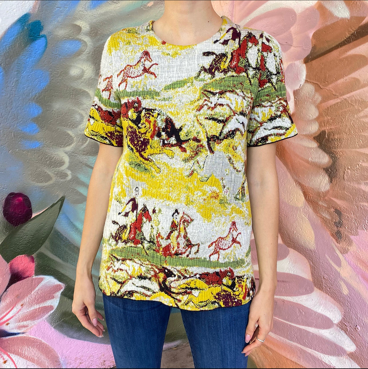 Dior Textured Knit Short Sleeve Hunting Scene Top - FR40 / USA 8