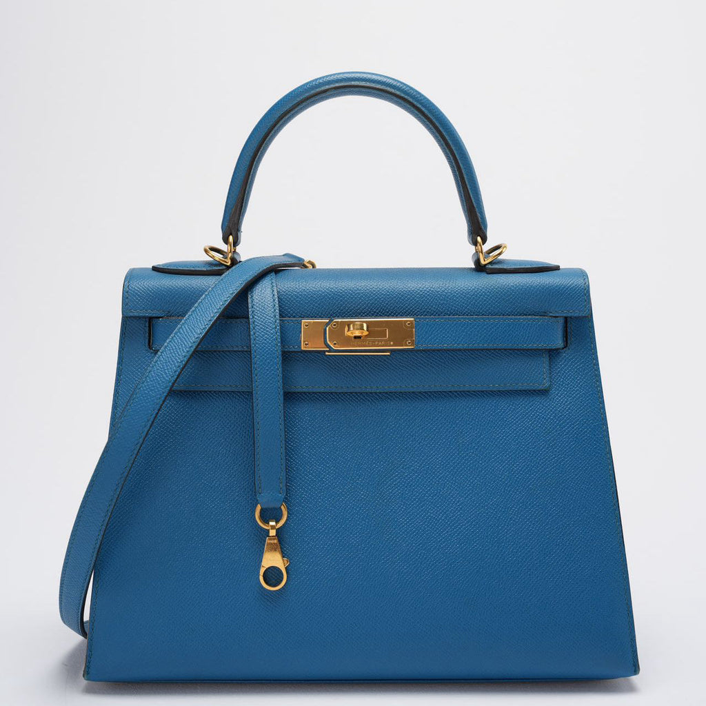 Hermes Kelly Sellier Bag 28cm In Blue Epsom Leather With Gold Hardware