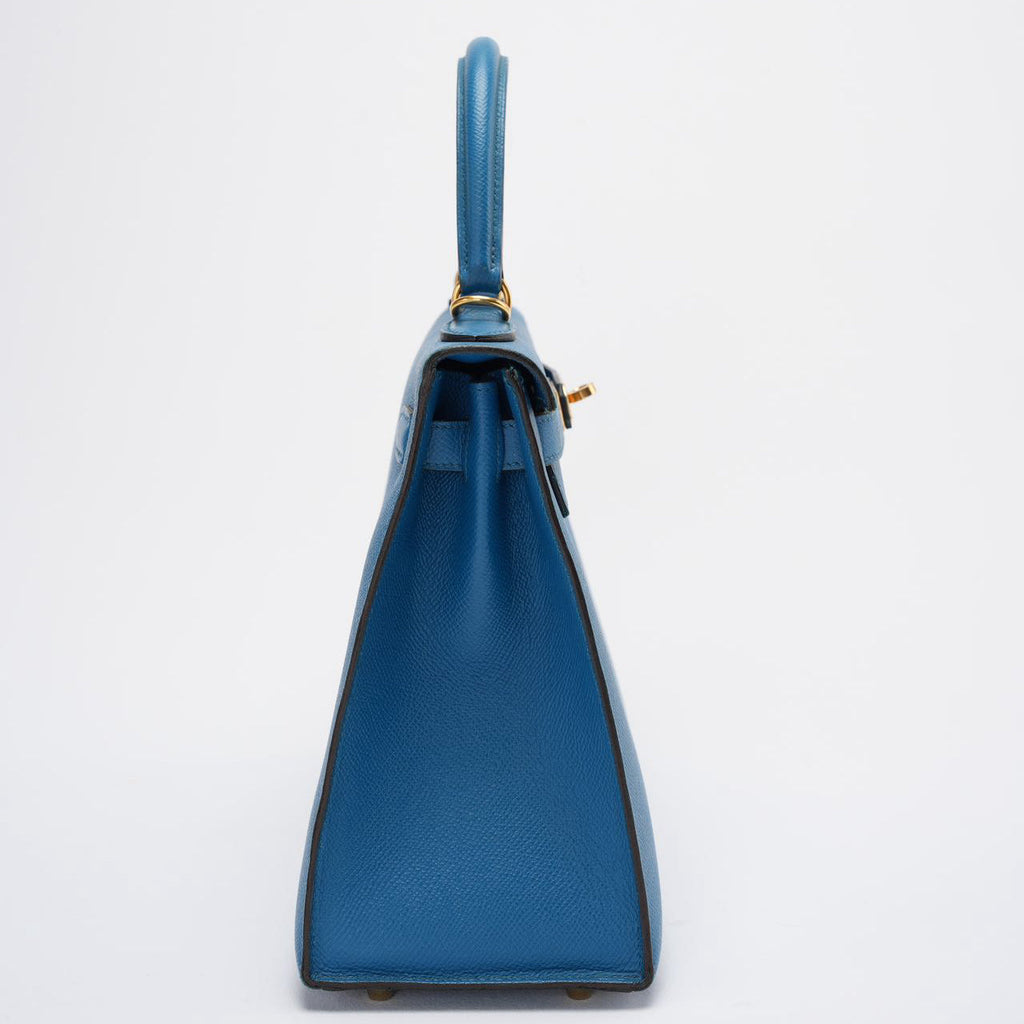 Hermes Kelly Sellier Bag 28cm In Blue Epsom Leather With Gold Hardware