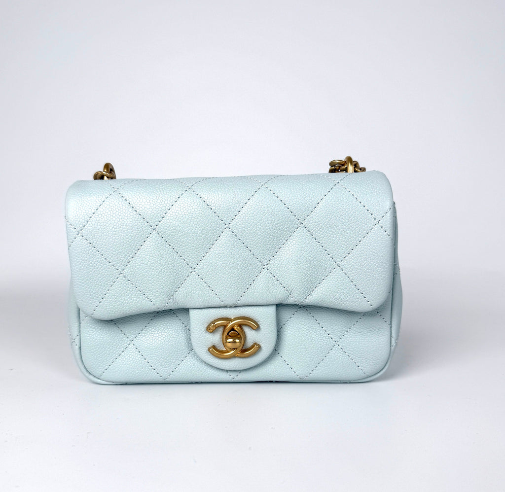 CHANEL Mini Rectangular Sweetheart Quilted Caviar Light Blue Flap Bag