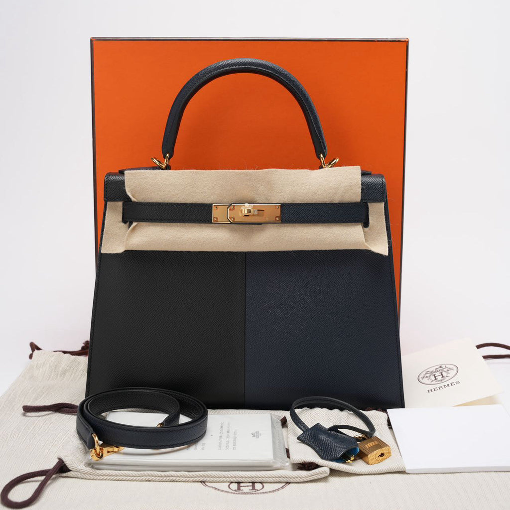Hermes Kelly 28 Sellier Casaque Tricolour Black Blue Indigo Frida Epsom Gold Hardware