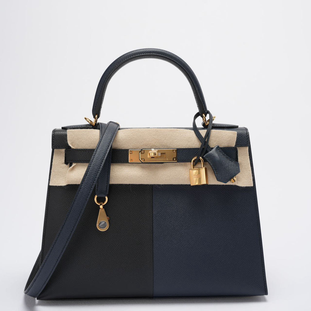 Hermes Kelly 28 Sellier Casaque Tricolour Black Blue Indigo Frida Epsom Gold Hardware