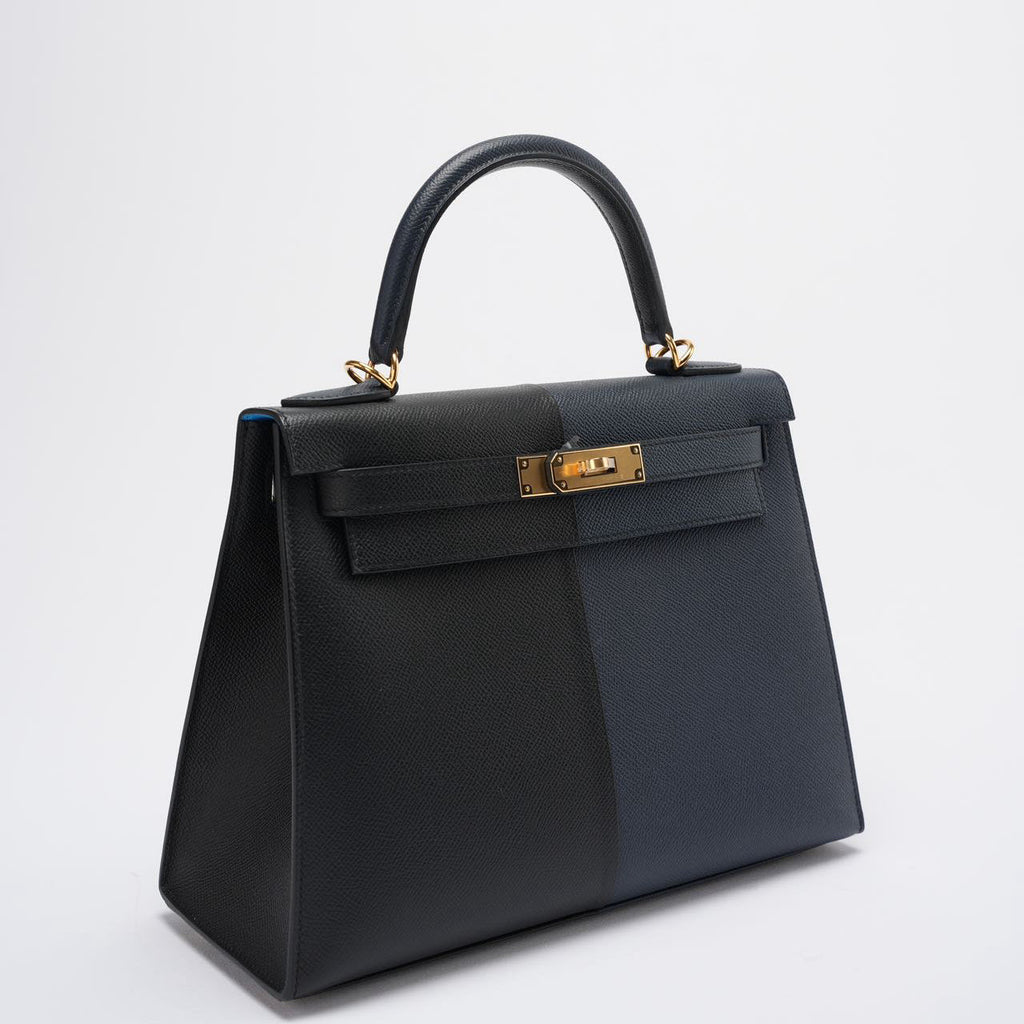 Hermes Kelly 28 Sellier Casaque Tricolour Black Blue Indigo Frida Epsom Gold Hardware