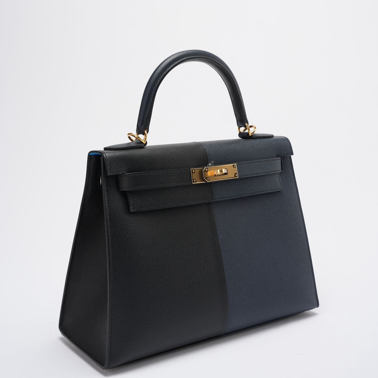 Hermes Kelly 28 Sellier Casaque Tricolour Black Blue Indigo Frida Epsom Gold Hardware