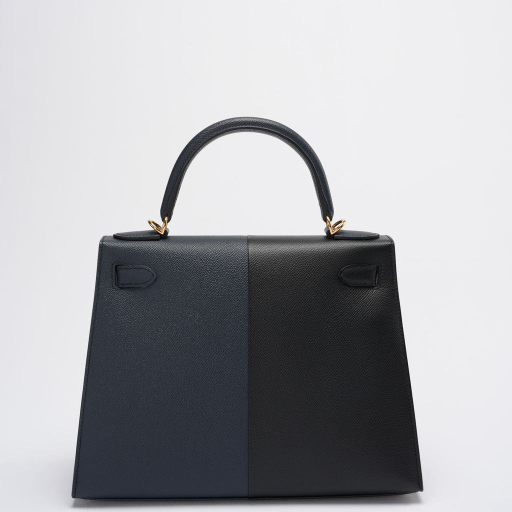 Hermes Kelly 28 Sellier Casaque Tricolour Black Blue Indigo Frida Epsom Gold Hardware