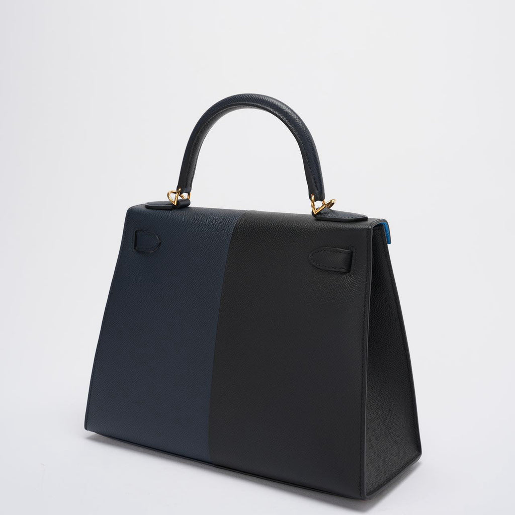 Hermes Kelly 28 Sellier Casaque Tricolour Black Blue Indigo Frida Epsom Gold Hardware