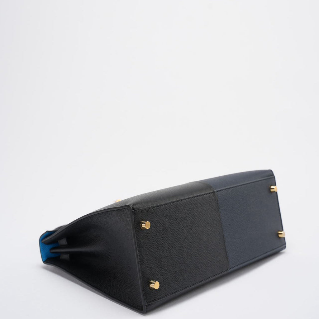 Hermes Kelly 28 Sellier Casaque Tricolour Black Blue Indigo Frida Epsom Gold Hardware