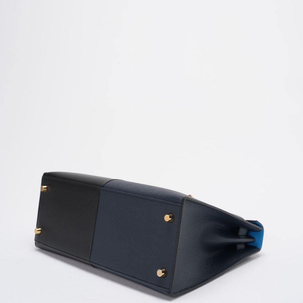 Hermes Kelly 28 Sellier Casaque Tricolour Black Blue Indigo Frida Epsom Gold Hardware