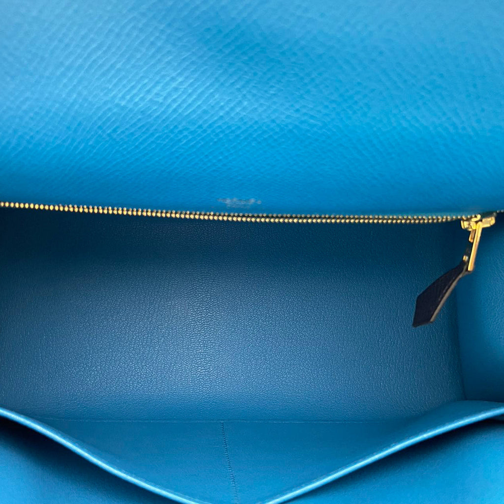 Hermes Kelly 28 Sellier Casaque Tricolour Black Blue Indigo Frida Epsom Gold Hardware
