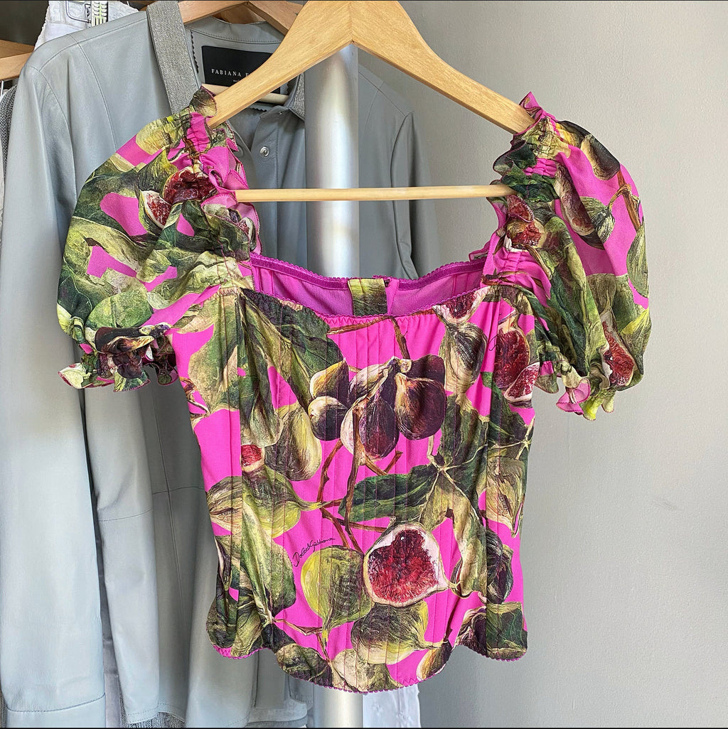 Dolce & Gabbana Pink and Green Silk Fig Print Corset Top - IT38 / 2 / XS