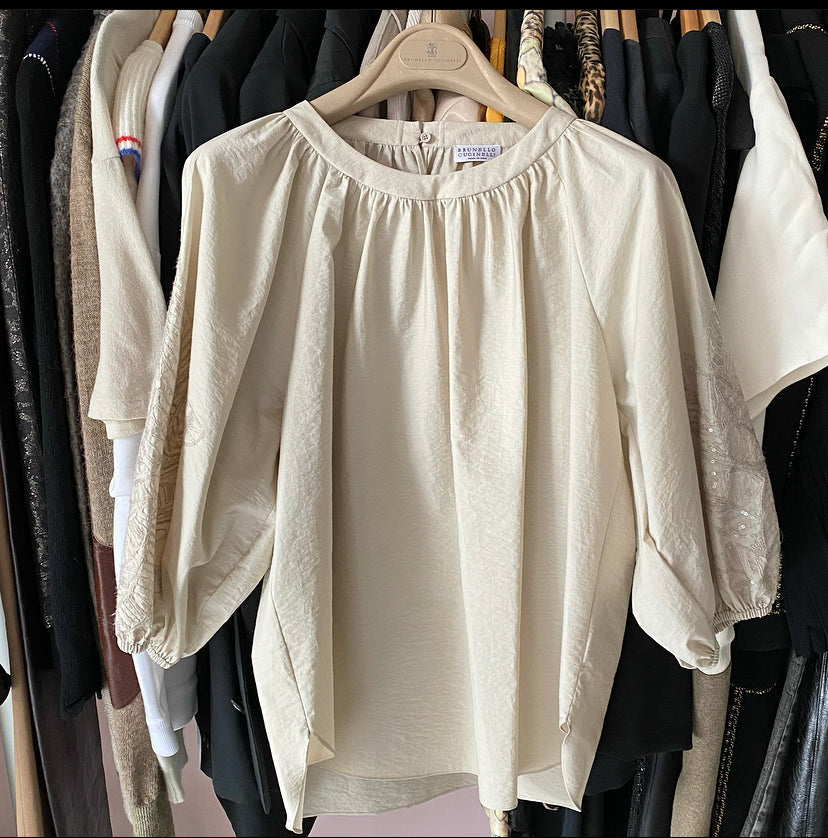 Brunello Cucinelli Beige Cotton Embroidered 3/4 Sleeve Top-Small