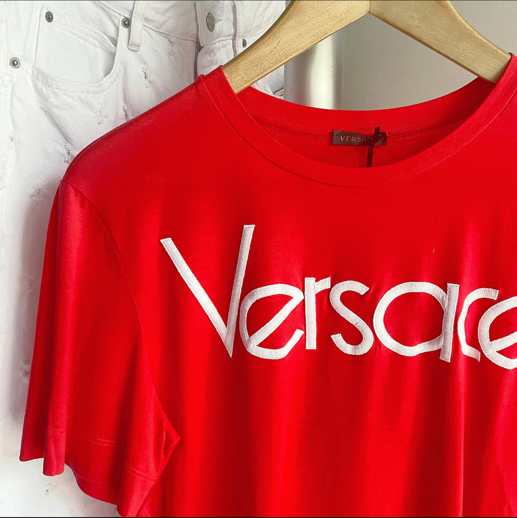 Versace Red and White Embroidered Logo T-Shirt